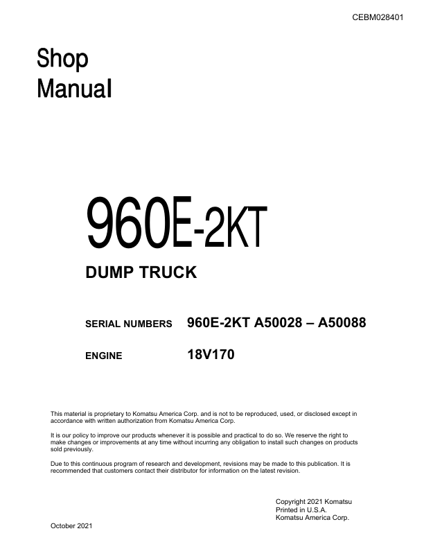 Komatsu 960E-2K Dump Truck Service Repair Manual Workshop Guide