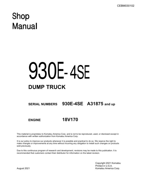 Komatsu 930E-4SE Dump Truck Service Repair Manual Workshop Guide