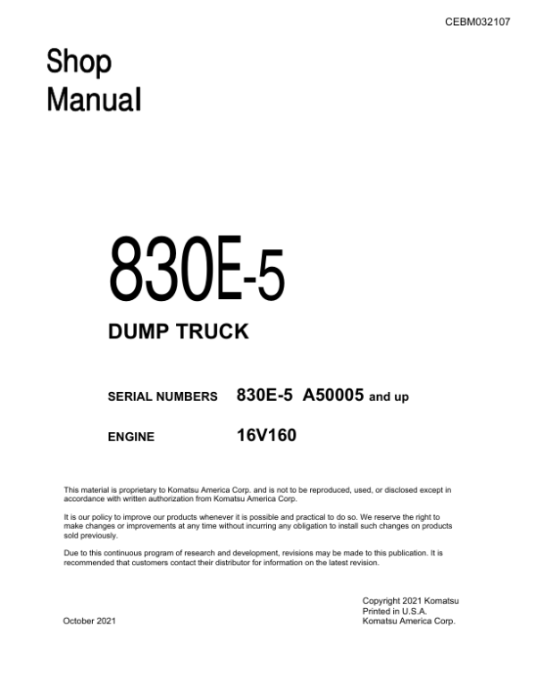 Komatsu 830E-5 Dump Truck Service Repair Manual Workshop Guide