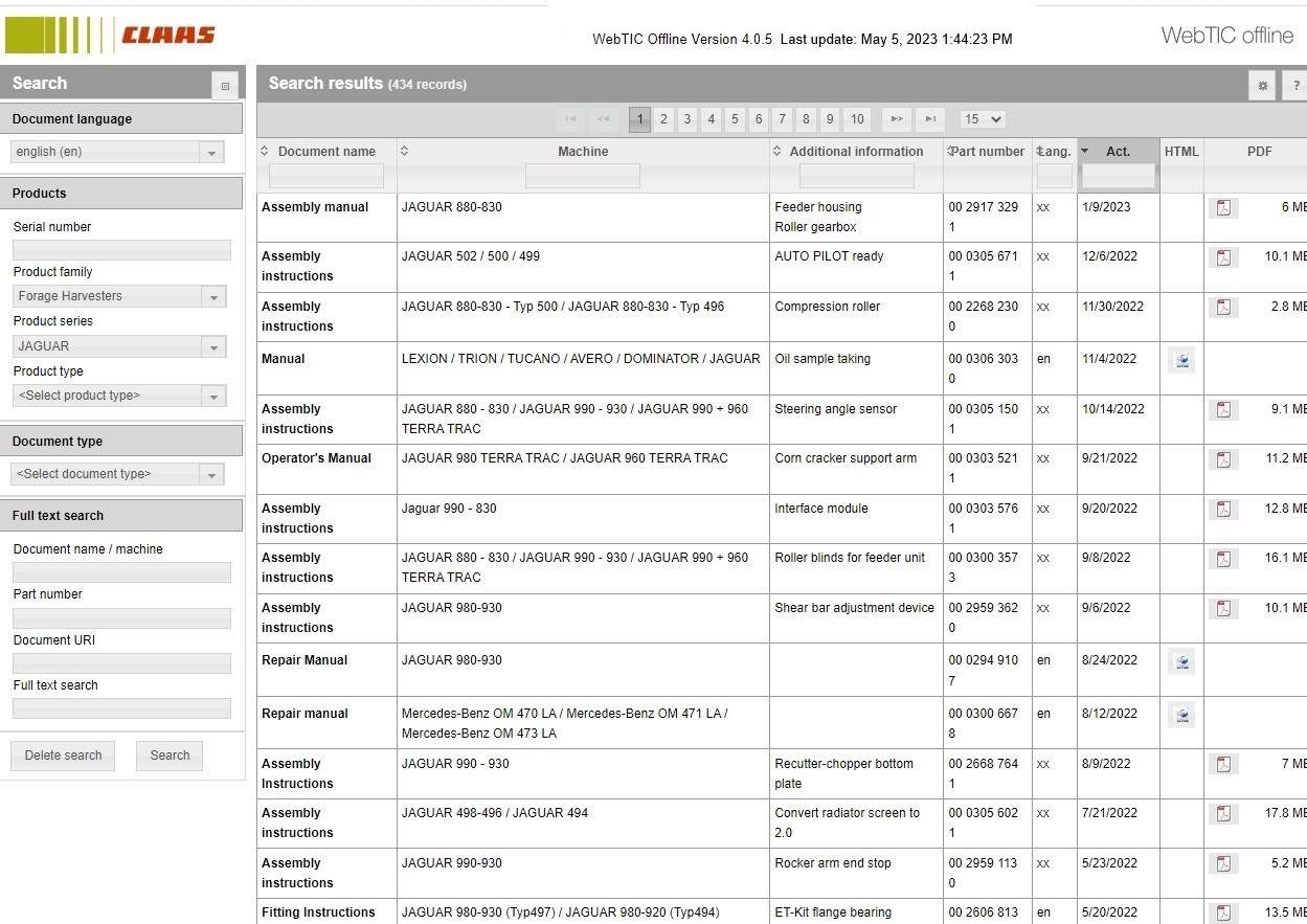 CLAAS WebTIC Repair Manual and Parts Manual 05 2023