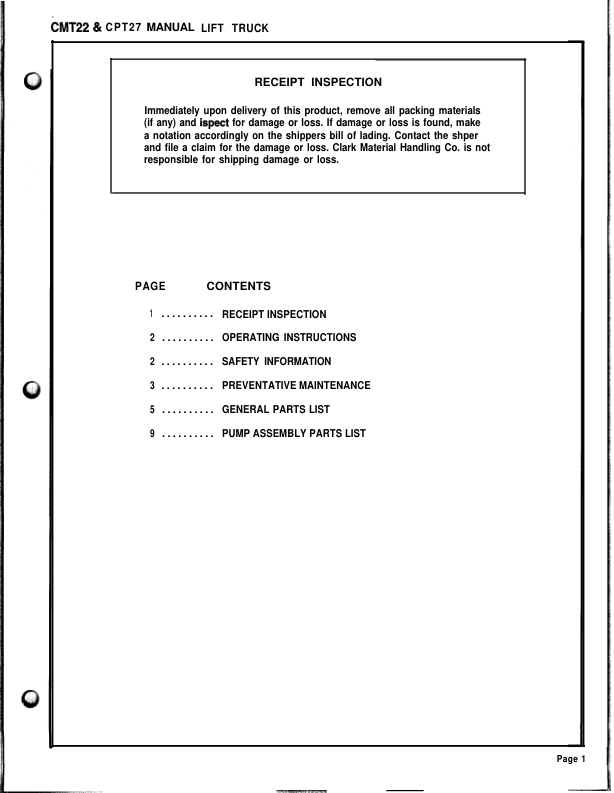 Clark CMT22, CPT27 Pallet Parts and Service Manual Workshop Guide