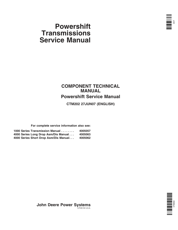 John Deere 1000, 1700, 4000 Series Long and Short Drop Powershift Transmission Component Technical Manual (CTM202 & 4005057) Workshop Guide
