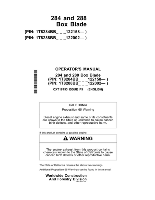 John Deere 284, 288 Box Blades Operator’s Manuals (CXT17453) Workshop Guide