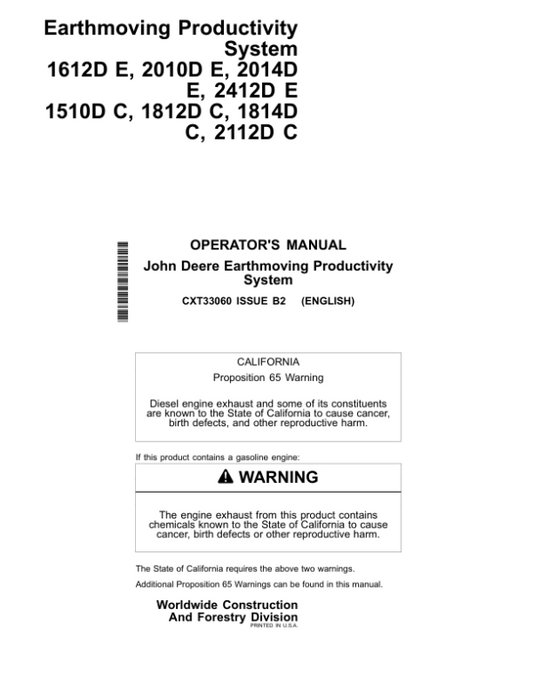 John Deere 1612D E, 2010D E, 2014D E, 2412D E, 1510D C, 1812D C, 1814D C, 2112D C Scrapers Operator’s Manuals (CXT33060) Workshop Guide