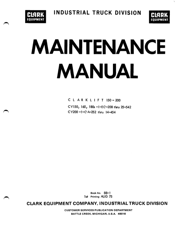 Clark CY-150, CY165, CY180S Forklift Service Repair Manual Workshop Guide