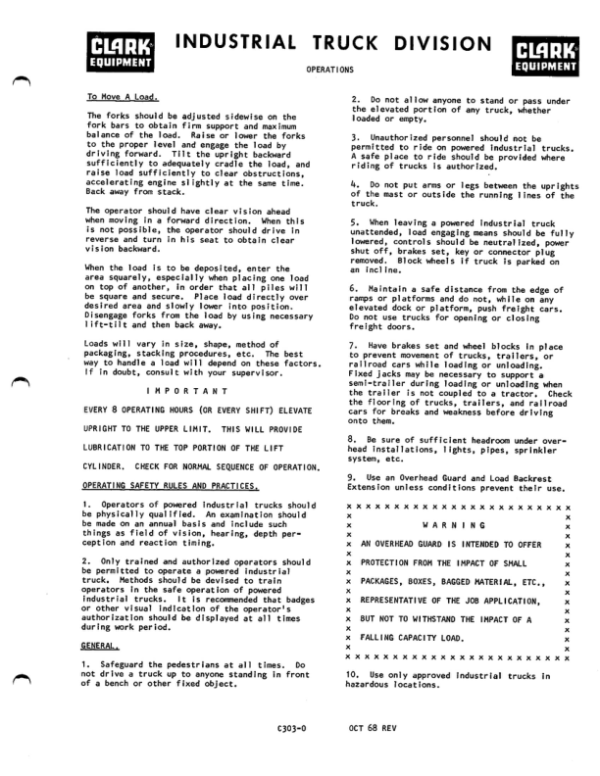 Clark CY-150, CY165, CY180S Forklift Service Repair Manual Workshop Guide