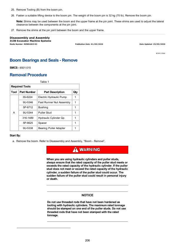 Caterpillar CAT 313B, 313B CR Excavator Service Repair Manual (BAS00001 and up)