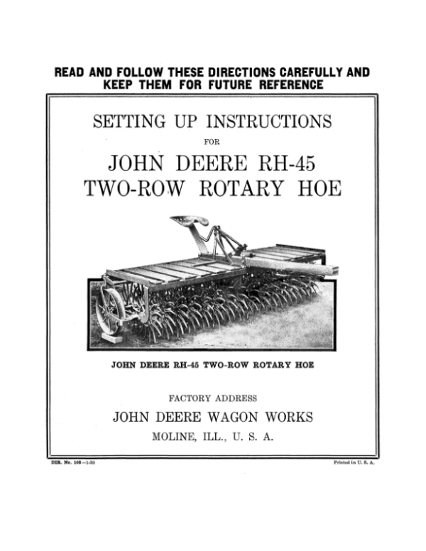 John Deere RH-45 Two-Row Rotary Hoe Operator’s Manual (DIR103A) Workshop Guide