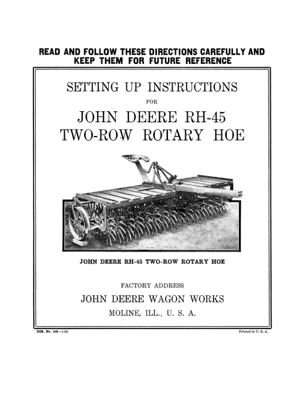 John Deere RH-45 Two-Row Rotary Hoe Operator’s Manual (DIR103A) Workshop Guide