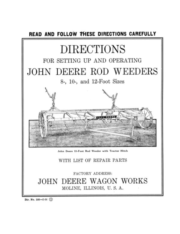 John Deere Rod Weeders With Hand Grip Lift Lever Operator’s Manual (DIR105) Workshop Guide