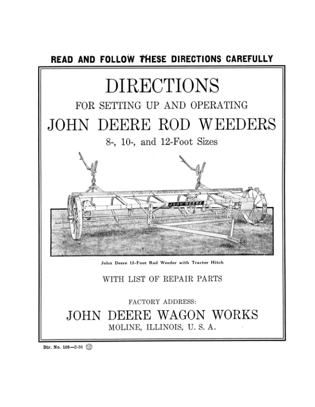 John Deere Rod Weeders With Hand Grip Lift Lever Operator’s Manual (DIR105) Workshop Guide