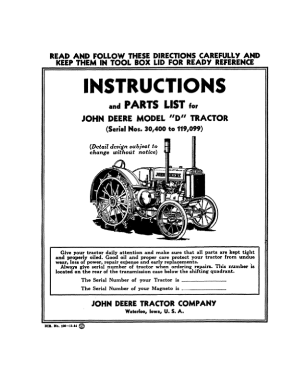 John Deere Model D Tractor (030400-) Operator’s Manual (DIR108) Workshop Guide