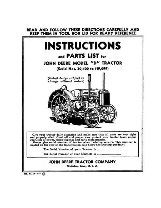 John Deere Model D Tractor (030400-) Operator’s Manual (DIR108) Workshop Guide