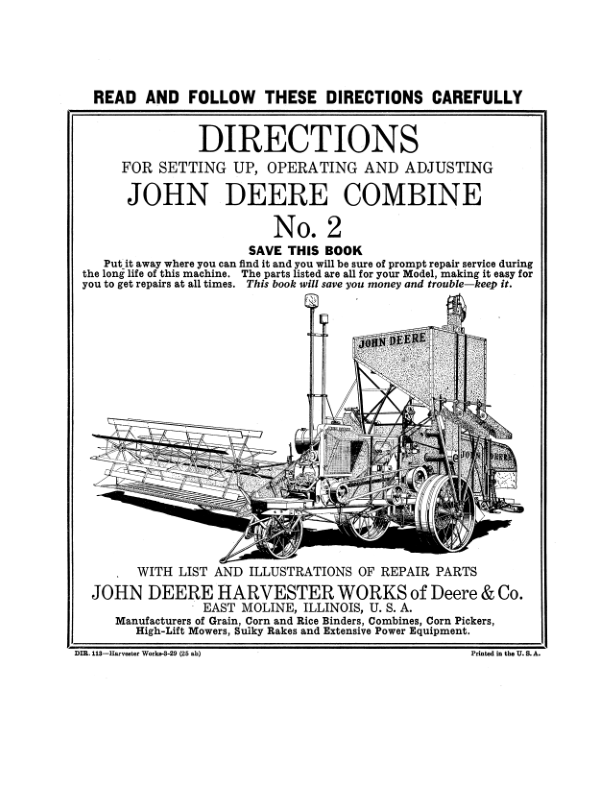 John Deere No. 2 Combine – Setup & Adjustments Operator’s Manual (DIR113A) Workshop Guide