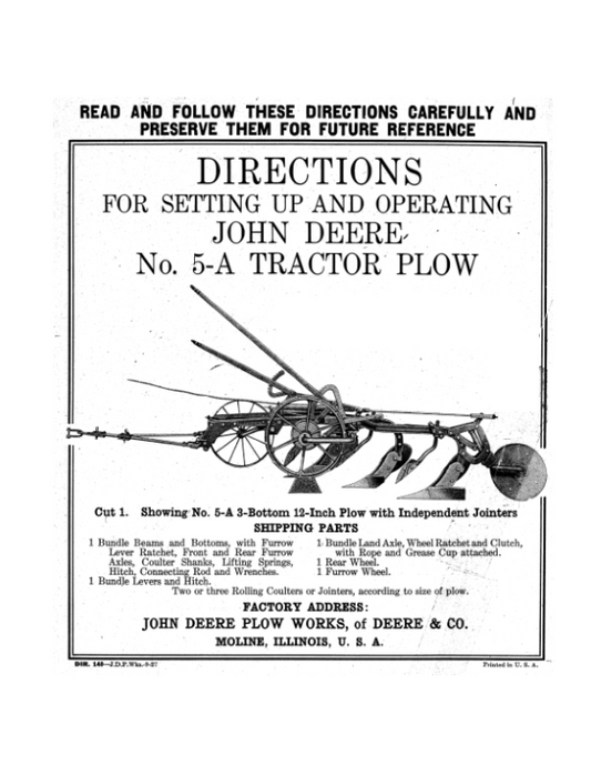 John Deere No. 5-A Tractor Plow Operator’s Manual (DIR140) Workshop Guide