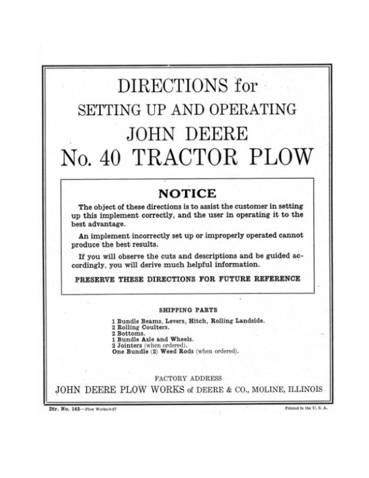 John Deere 40 Tractor Plow Operator’s Manual (DIR142) Workshop Guide