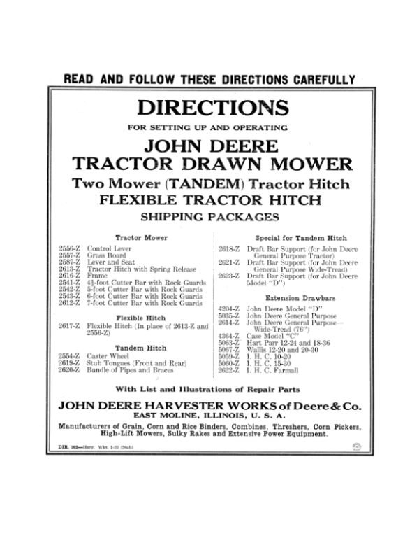 John Deere Tractor Drawn Mower Operator’s Manual (DIR162B) Workshop Guide