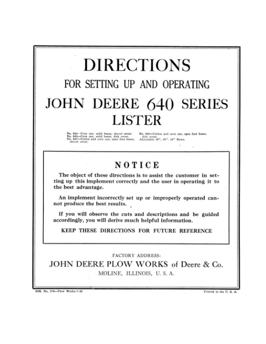 John Deere 640 Series Lister Operator’s Manual (DIR170) Workshop Guide