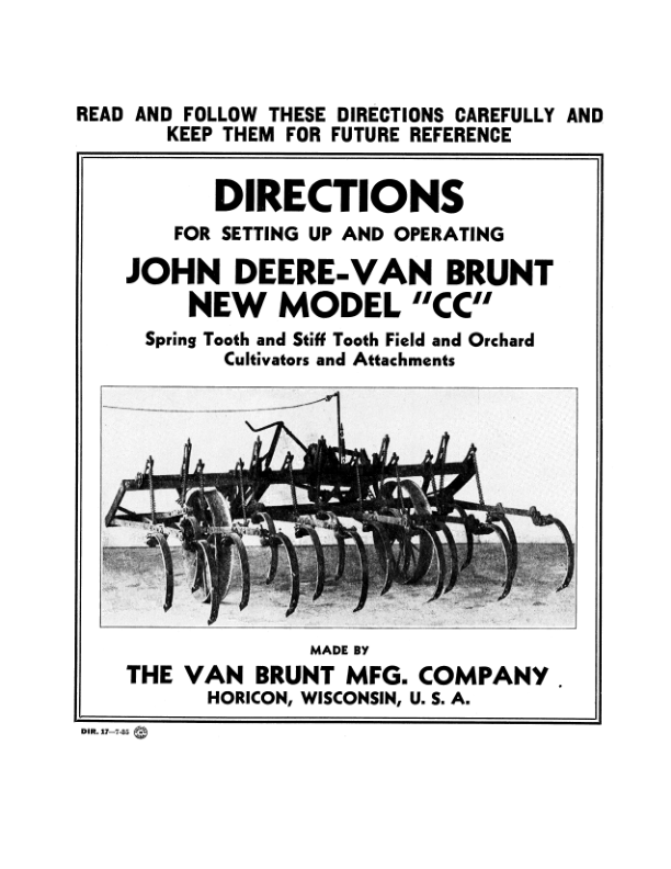 John Deere Van Brunt ‘CC’ Model Field Cultivator Operator’s Manual (DIR17B) Workshop Guide