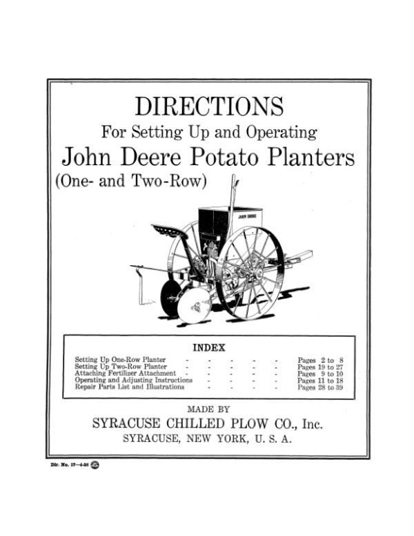 John Deere One- or Two-Row Potato Planters (Horse or Tractor Hitches) Operator’s Manual (DIR17C) Workshop Guide