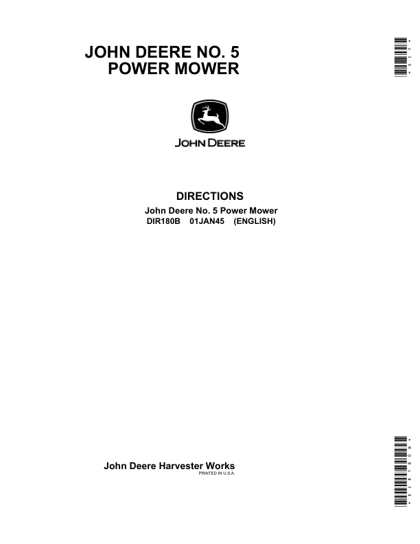 John Deere No. 5 Power Mower Operator’s Manual (DIR180B) Workshop Guide