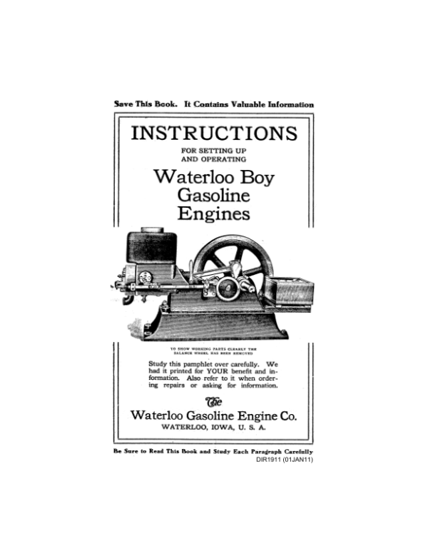 John Deere Waterloo Boy Gasoline Engines Operator’s Manual (DIR1911) Workshop Guide