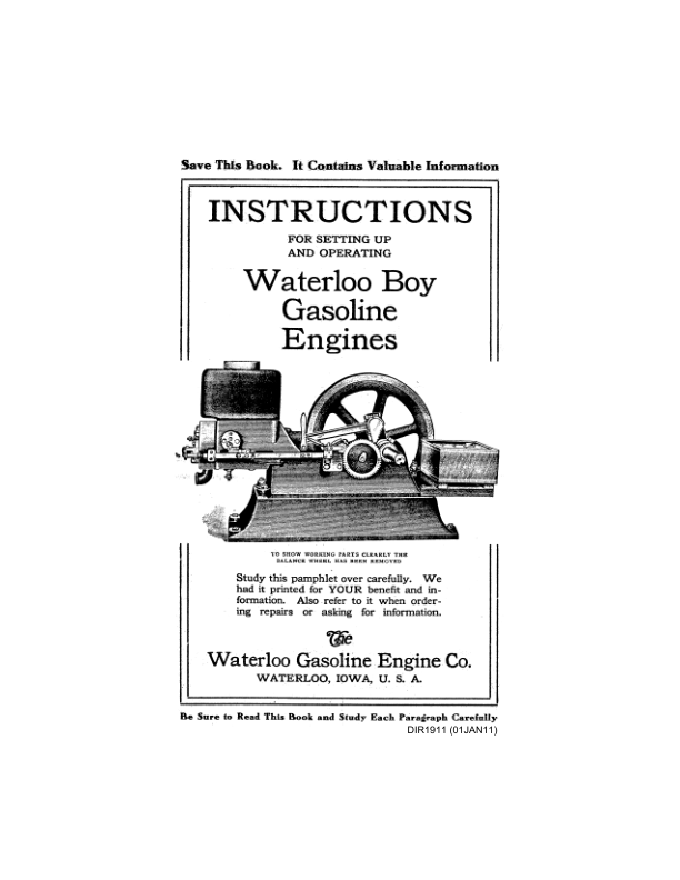 John Deere Waterloo Boy Gasoline Engines Operator’s Manual (DIR1911) Workshop Guide