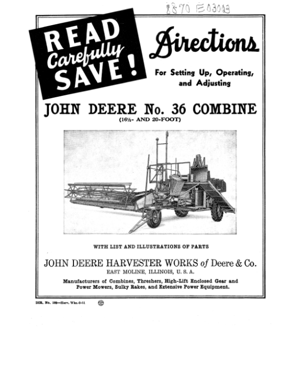 John Deere No. 36 Combine Operator’s Manual (DIR192A) Workshop Guide