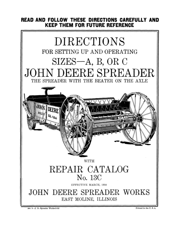 John Deere Spreader – A, B, C Sizes Operator’s Manual (DIR1G) Workshop Guide
