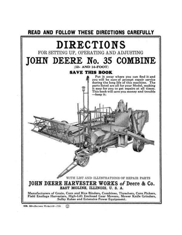 John Deere No. 35 Combine Operator’s Manual (DIR200A) Workshop Guide