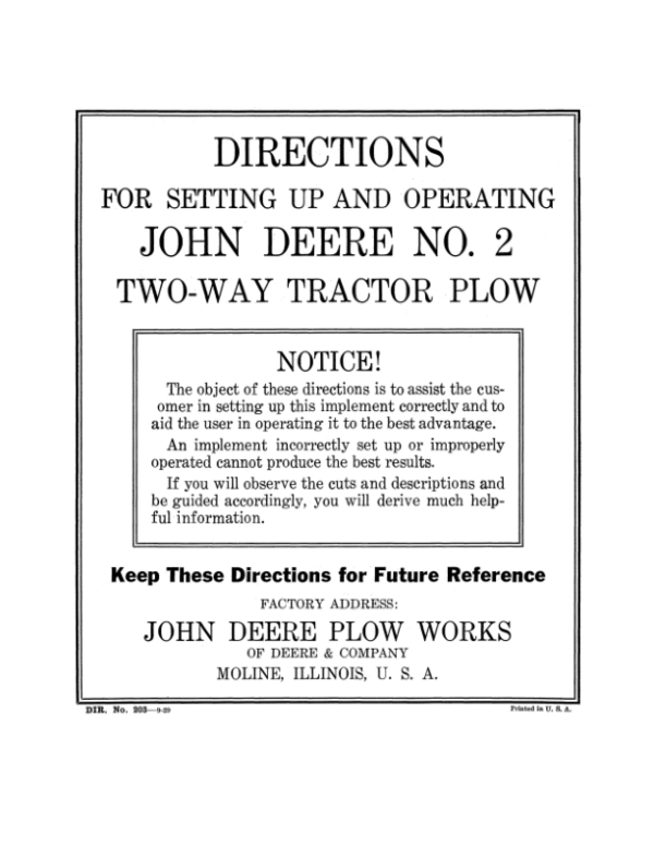 John Deere No. 2 Two-Way Tractor Plow Operator’s Manual (DIR203) Workshop Guide