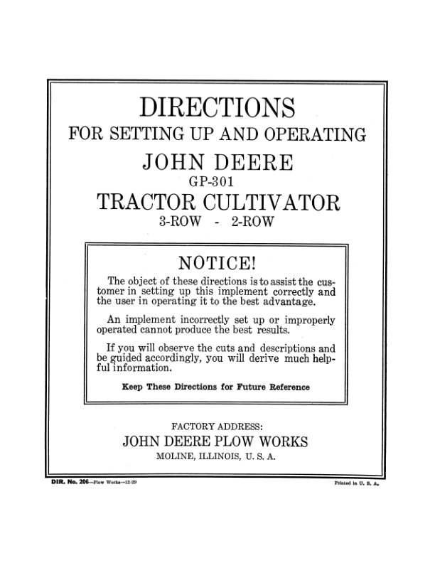 John Deere GP301 Tractor Cultivator (3-, 2-Row) Operator’s Manual (DIR206D) Workshop Guide