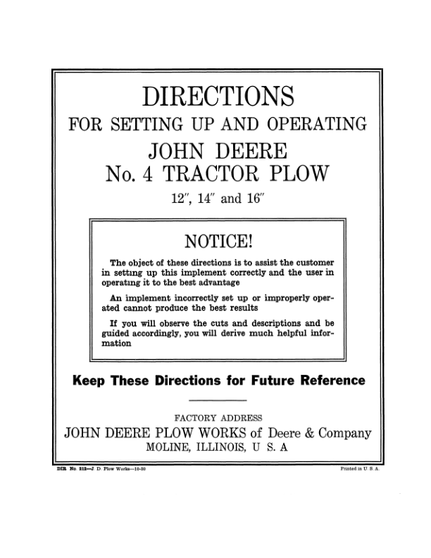 John Deere JD No. 4 Tractor Plow Operator’s Manual (DIR212) Workshop Guide