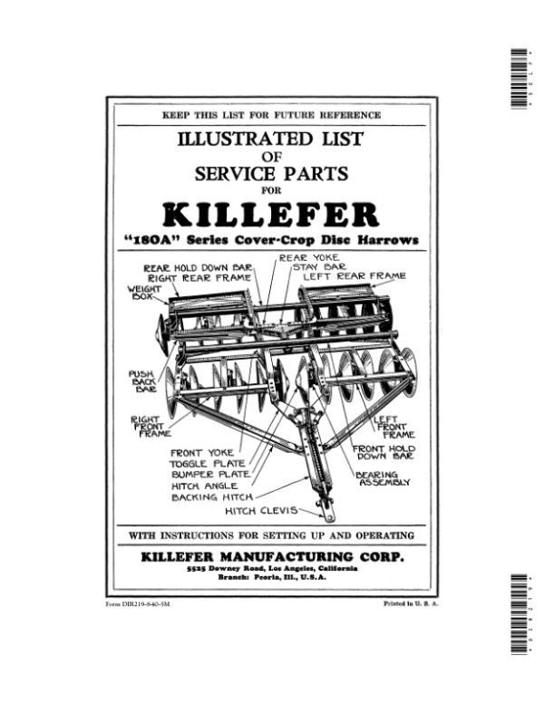 John Deere Killefer 180A Series Cover-Crop Disc Harrows Operator’s Manual (DIR219) Workshop Guide