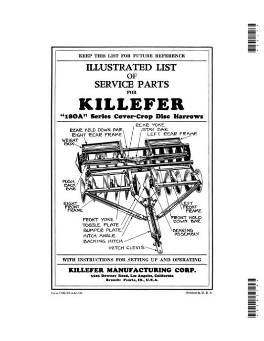 John Deere Killefer 180A Series Cover-Crop Disc Harrows Operator’s Manual (DIR219) Workshop Guide