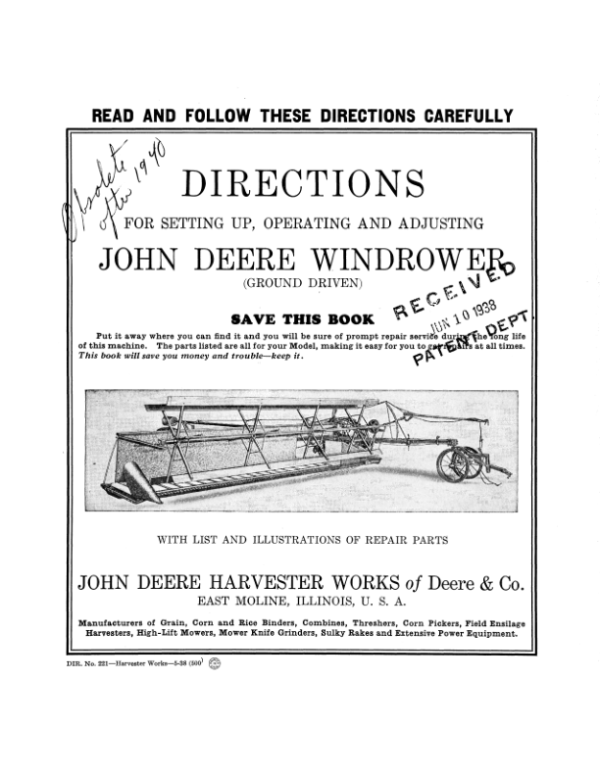 John Deere Windrower – Ground Driven Operator’s Manual (DIR221) Workshop Guide