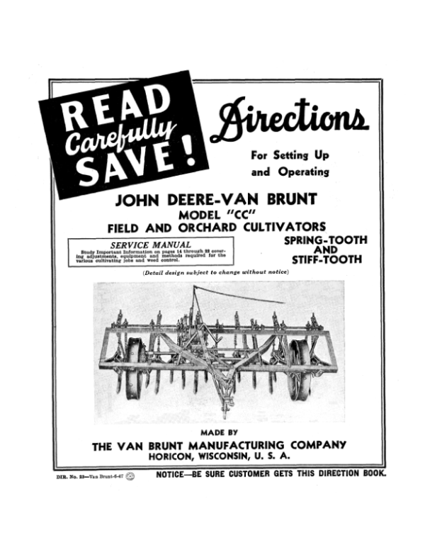 John Deere Van Brunt ‘CC’ Model Field & Orchard Cultivator Operator’s Manual (DIR23B) Workshop Guide