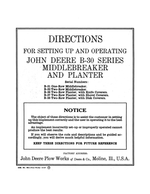 John Deere B-30 Series MiddleBreaker, Planter Operator’s Manual (DIR251) Workshop Guide