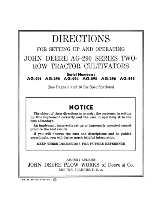 John Deere AG-290 Series Two-Row Tractor Cultivators Operator’s Manual (DIR257C) Workshop Guide