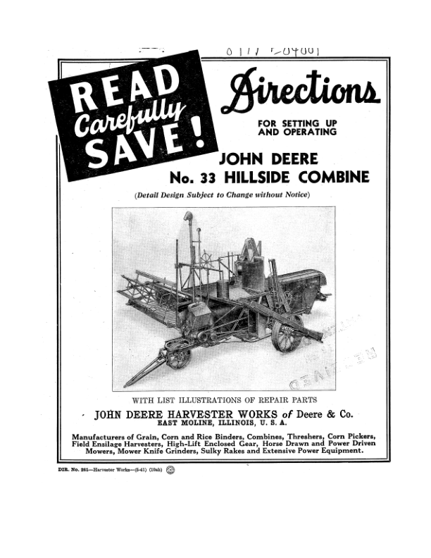 John Deere No. 33 Hillside Combine Operator’s Manual (DIR261A) Workshop Guide