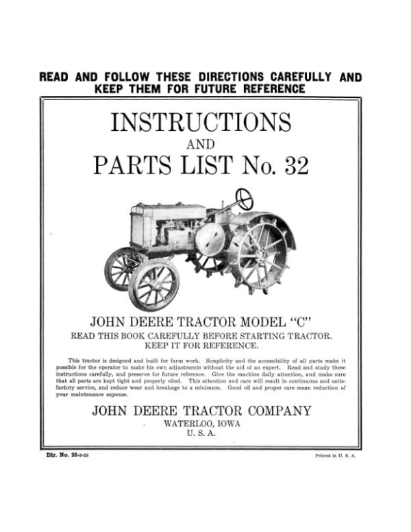 John Deere Tractor ‘C’ Model Operator’s Manual (DIR26C) Workshop Guide