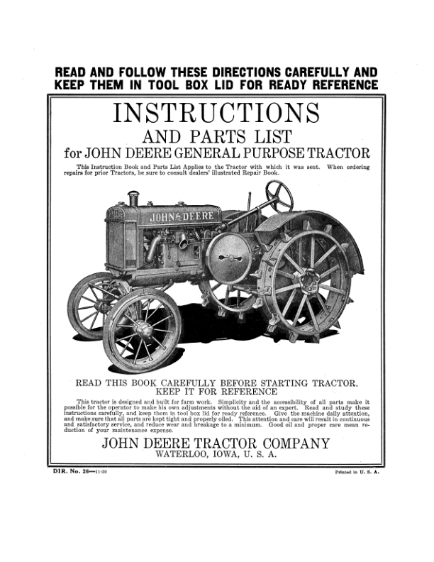 John Deere General Purpose Tractors Operator’s Manual (DIR26D) Workshop Guide