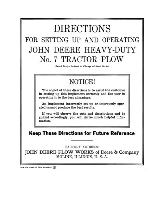 John Deere Heavy-Duty No. 7 Tractor Plow Operator’s Manual (DIR272) Workshop Guide