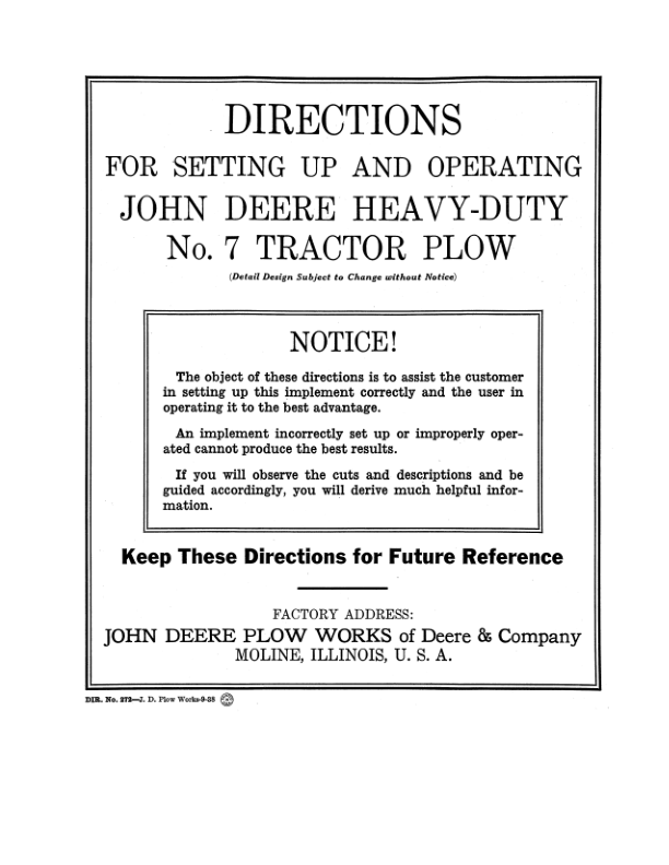John Deere Heavy-Duty No. 7 Tractor Plow Operator’s Manual (DIR272) Workshop Guide