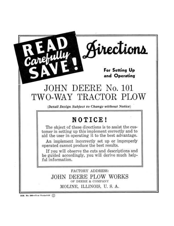 John Deere 101 Two-Way Tractor Plow Operator’s Manual (DIR288A) Workshop Guide
