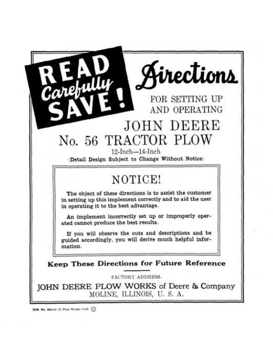 John Deere 56 Series Moldboard Plows Operator’s Manual (DIR331) Workshop Guide