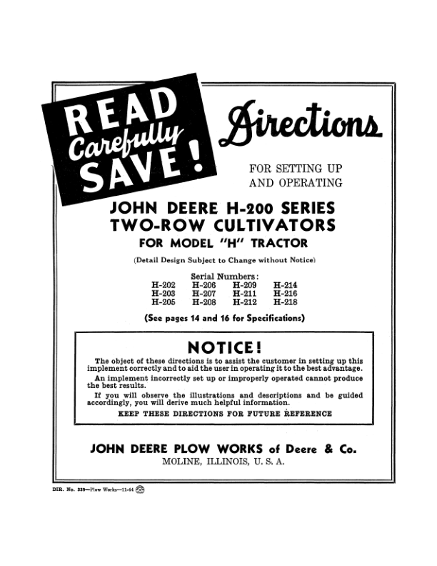 John Deere H-200 Series Two-Row Cultivators for Model H Tractors Operator’s Manual (DIR339) Workshop Guide