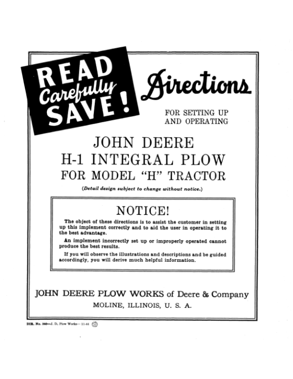 John Deere H-1 Integral Plow Operator’s Manual (DIR340A) Workshop Guide