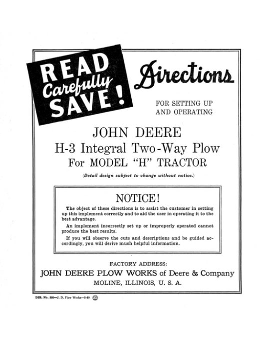 John Deere H3 Intregal Two-Way Plow for ‘H’ Tractors Operator’s Manual (DIR350A) Workshop Guide