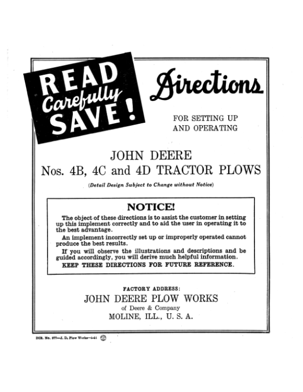 John Deere JD Nos. 4B, 4C, 4D Tractor Plows Operator’s Manual (DIR377A) Workshop Guide